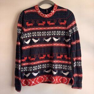 J. Crew Factory Navy and Orange with Cats and Birds Sweater